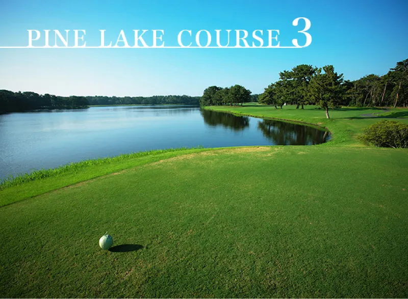 배경에 호수가 있는 푸르른 골프장의 전경, 이미지 상단에 Pine Lake Course 3 라는 문구가 흰색으로 쓰여 있다.